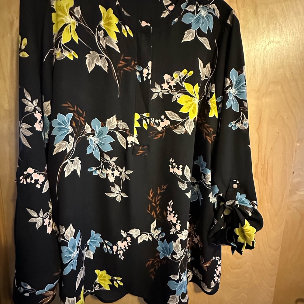 Apt. 9 Black Blouse with Blue and Yellow Floral Design